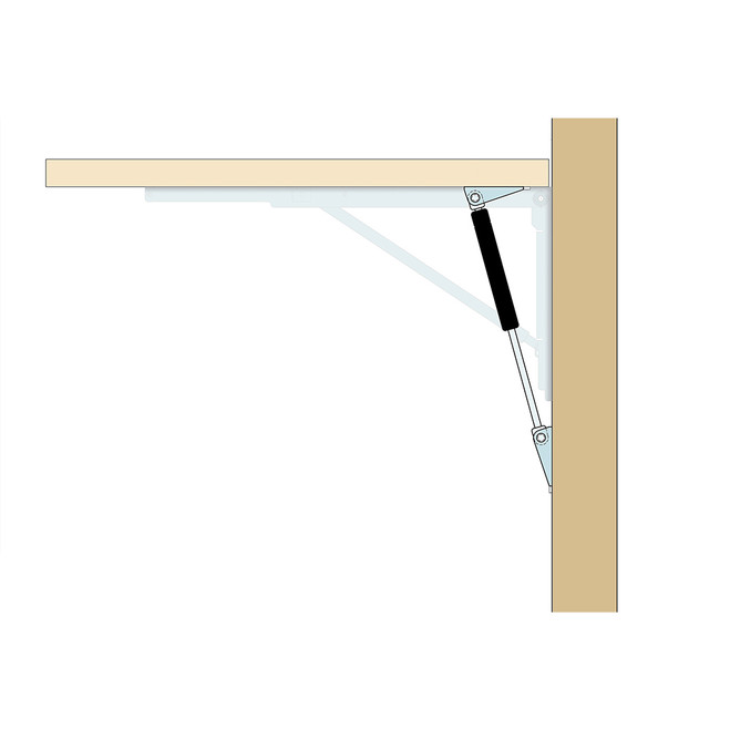 Side view of gas shock kit installed with a pair of brackets under a table